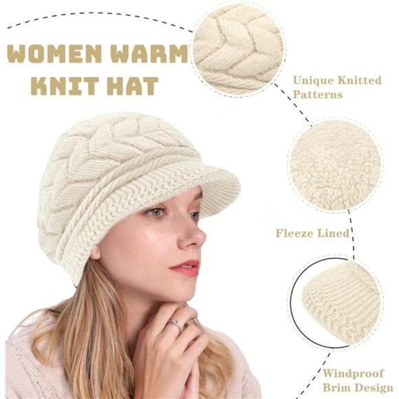 4 Pack Women\'s Winter Beanie Hats Thick Warm Knit Hat with Visor Brim Snow Cap